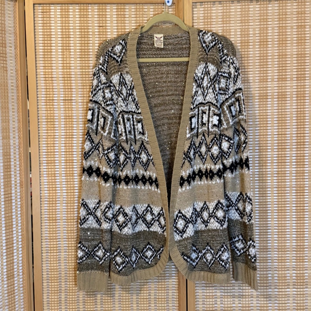 Faded Glory Womens XL Tan Sequin Southwestern Geometric Open Front Cardigan Chic